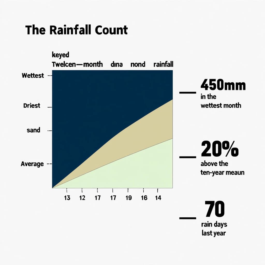 Printed poster titled "The Rainfall Count": at the center a twelve-month rainfall timeline, carrying three keyed regions, "Wettest" shaded dark blue, "Driest" shaded sand and "Average" shaded pale green, beside a right column of three stat chips reading "450mm in the wettest month", "20% above the ten-year mean" and "70 rain days last year".