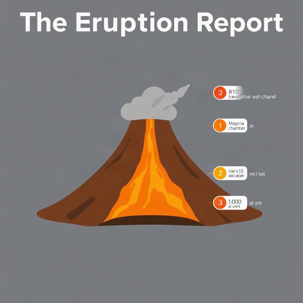 Flat vector illustration titled "The Eruption Report". A cutaway cone sits at the center, carrying three keyed regions, "Lava channel" shaded red, "Ash cloud" shaded gray and "Magma chamber" shaded orange. Three stat chips run down a right column, reading "810 tremors before the last eruption", "1 in 23 erupt each decade" and "1,000 degrees at the vent". Each key color matches the shading of the region it names.