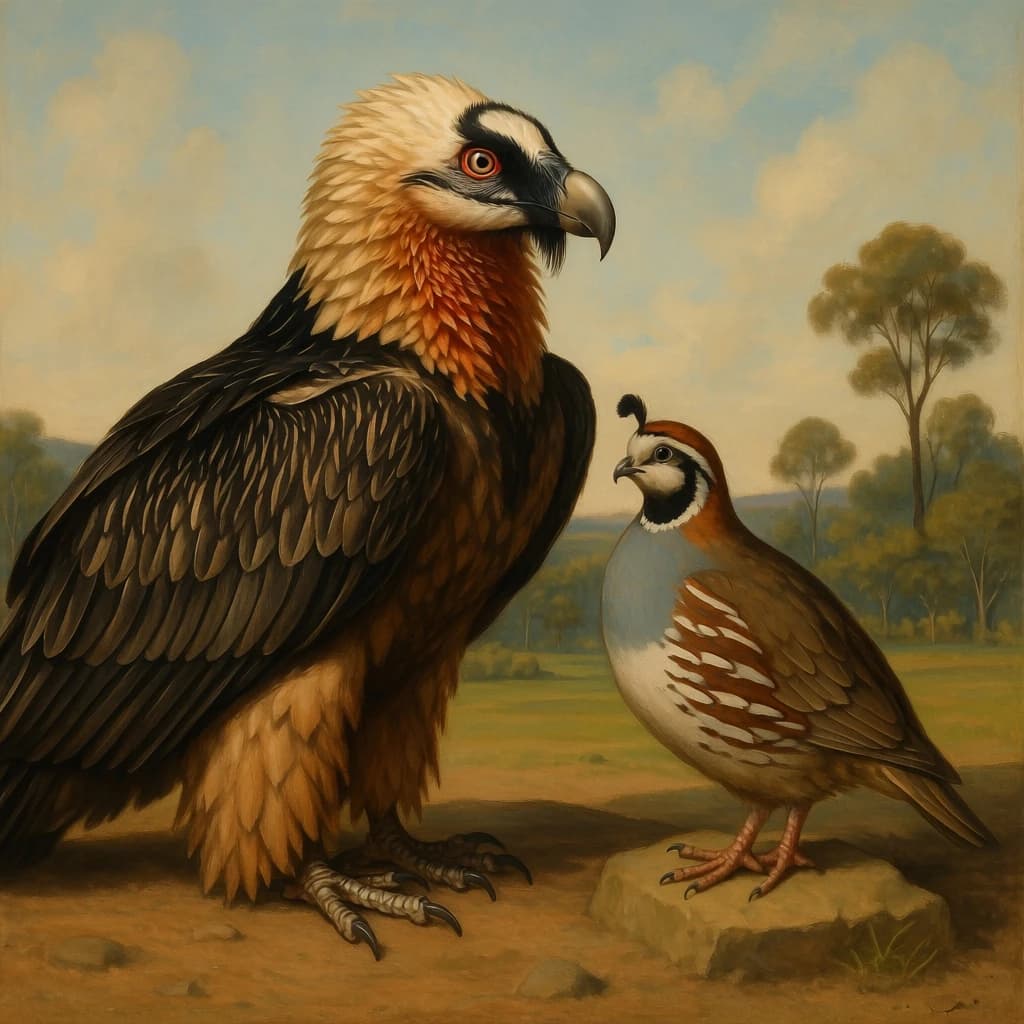 Bearded Vulture and Button Quail in Canberra, Australia in the style of neoclassical