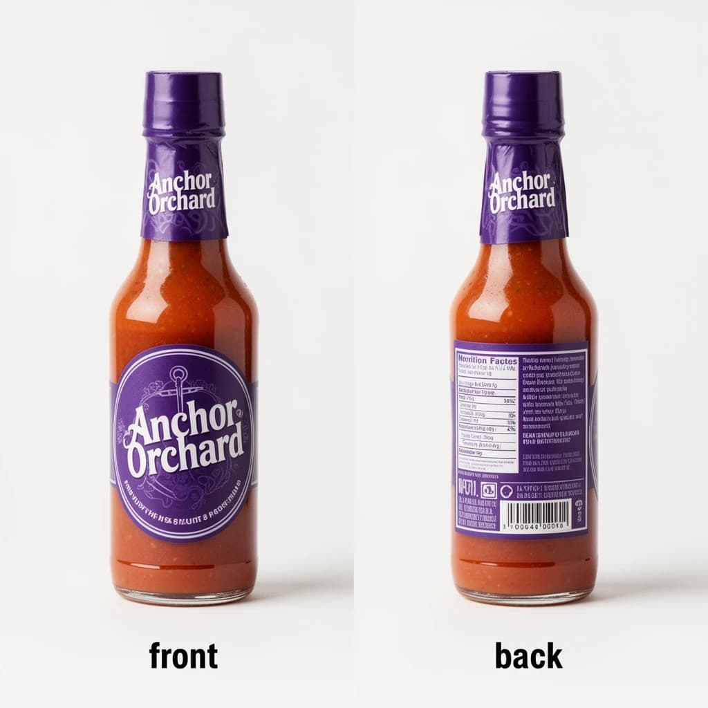 Printed poster: one hot-sauce bottle in two views. The views are captioned "front" and "back" in that order. The wordmark "Anchor Orchard" appears on every view. The purple-and-white coloring is the same across every view, and only the angle changes.
