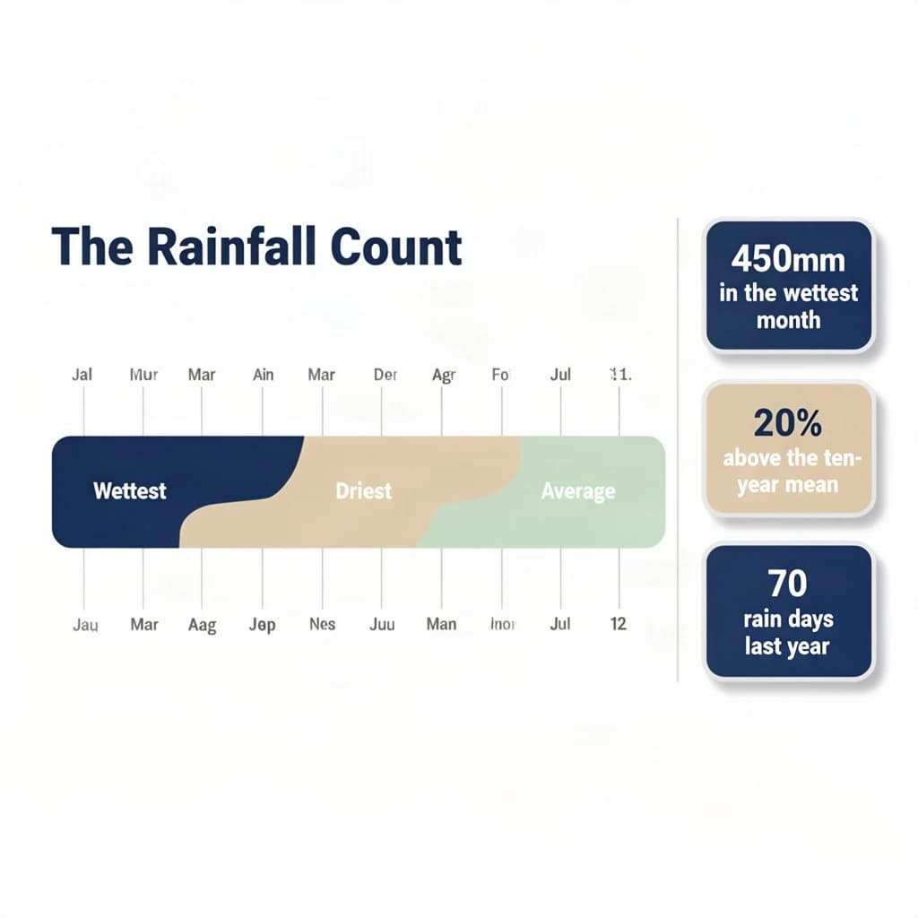 Printed poster titled "The Rainfall Count": at the center a twelve-month rainfall timeline, carrying three keyed regions, "Wettest" shaded dark blue, "Driest" shaded sand and "Average" shaded pale green, beside a right column of three stat chips reading "450mm in the wettest month", "20% above the ten-year mean" and "70 rain days last year".