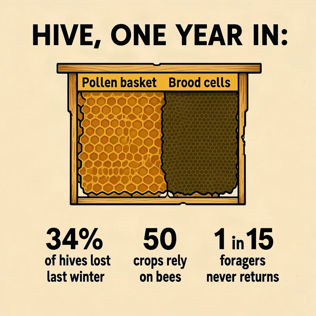 Printed poster titled "Hive, One Year In": at the center a cutaway of a hive frame, carrying two keyed regions, "Pollen basket" shaded amber and "Brood cells" shaded olive, beside a bottom row of three stat chips reading "34% of hives lost last winter", "50 crops rely on bees" and "1 in 15 foragers never returns".