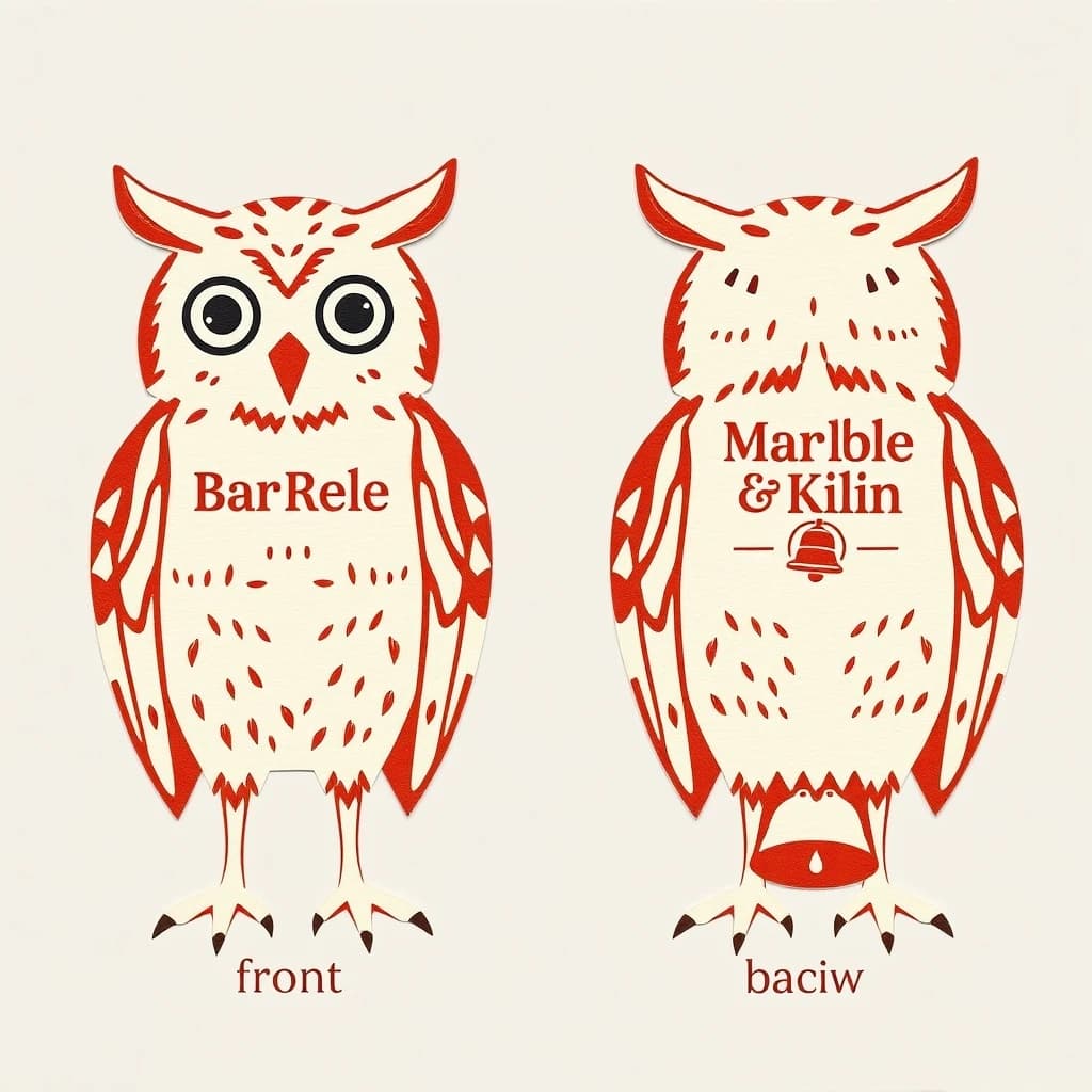 Cut-paper collage of the same bookstore owl mascot drawn in three views, captioned "front", "side" and "back", every view carrying the wordmark "Marble & Kiln" with a small bell outline beside it in the same red-and-cream coloring, only the angle changing.