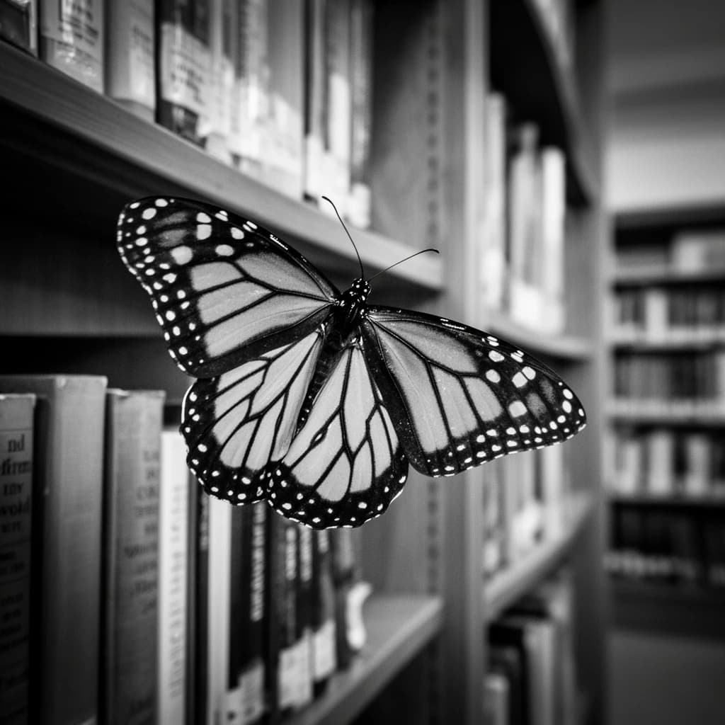 24mm f/2.8 full-length framing of a monarch butterfly in a quiet library, side-lit, natural lens compression, high-contrast black-and-white look