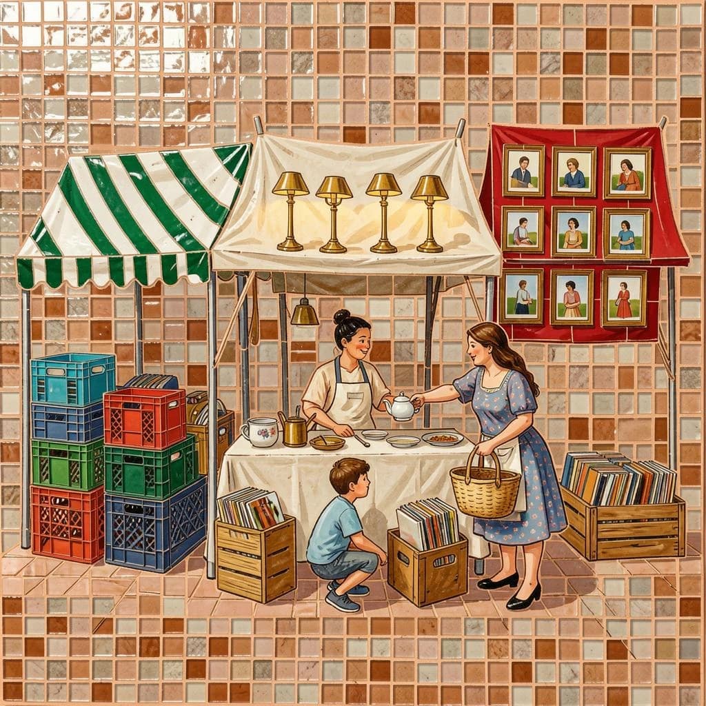 Glass tile mosaic of a Sunday flea market seen from a slightly raised angle, small square tesserae and warm terracotta grout. Three stall awnings in a row: the left one striped green and white over stacked vinyl crates, the middle plain canvas over six brass lamps with only the two tallest wearing shades, the right red awning hung with nine framed pictures in three rows of three. Under the middle awning a vendor in an apron hands a teapot across the table to a woman holding a straw basket, while a boy crouches at her feet by a crate of records. No lettering anywhere.