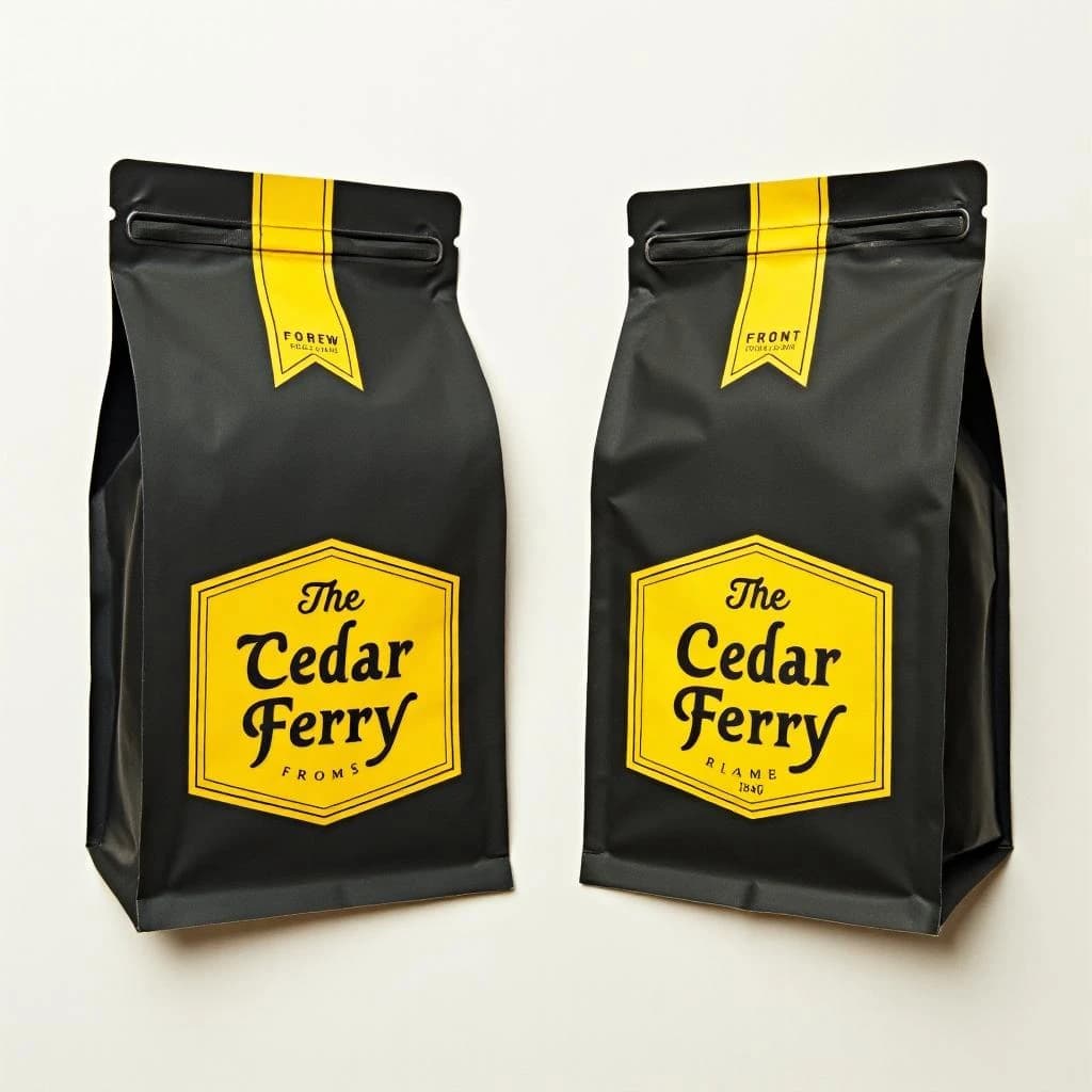Cut-paper collage: one coffee bag in two views. The views are captioned "front" and "side" in that order. The wordmark "The Cedar Ferry" appears on every view. The black-and-yellow coloring is the same across every view, and only the angle changes.