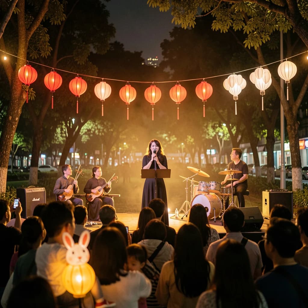 Concert photography, a Mid-Autumn Festival night in a Hong Kong park, shot from inside the crowd toward a low stage lit by warm floods. A singer at the centre microphone holds a note with both hands off the stand; on her left two erhu players sit side by side, on her right a single drummer stands. Eleven paper lanterns hang above the stage, the seven red ones strung in a line and the four white ones clustered at the right end. In the near foreground, out of focus, a child on a father's shoulders holds a rabbit lantern.