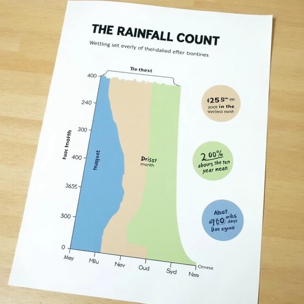 Printed poster titled "The Rainfall Count": at the center a twelve-month rainfall timeline, carrying three keyed regions, "Wettest" shaded dark blue, "Driest" shaded sand and "Average" shaded pale green, beside a right column of three stat chips reading "450mm in the wettest month", "20% above the ten-year mean" and "70 rain days last year".