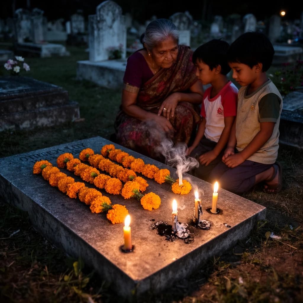 Photojournalism frame from a cemetery vigil at night: one grave slab carrying seven marigold garlands and nine lit candles, three of the candles guttered out and smoking, a grandmother and two children kneeling along the near edge.