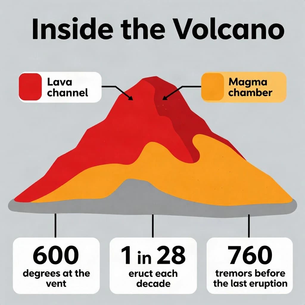 Flat infographic titled "Inside the Volcano". A simplified hazard map of the slopes sits at the center, carrying two keyed regions, "Lava channel" shaded red and "Magma chamber" shaded orange. Three stat chips run down a bottom row, reading "600 degrees at the vent", "1 in 28 erupt each decade" and "760 tremors before the last eruption". Each key color matches the shading of the region it names.