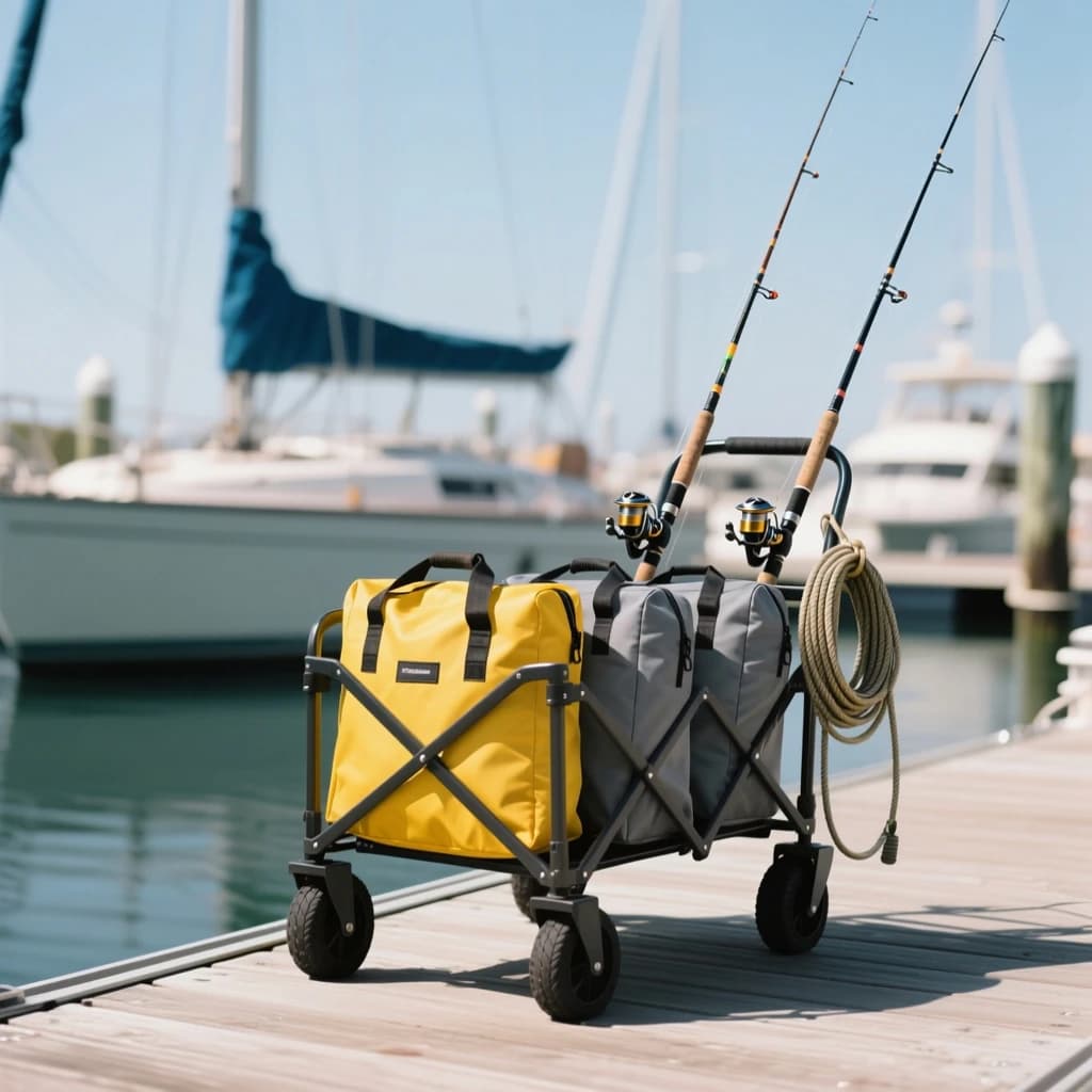 Lifestyle listing photo on a marina dock: a folding dock cart holding three dry bags, the largest yellow and the two smaller ones grey, two fishing rods leaning against the handle, and one coiled dock line hanging from the front rail. Masts blurred behind.