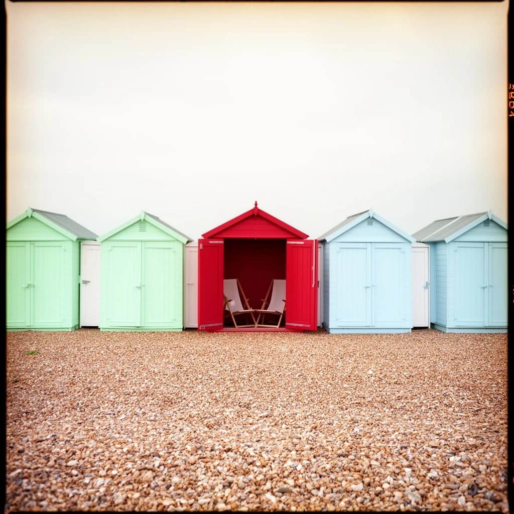 35mm film photo of seven beach huts in a row on a shingle bank. The three left huts are mint green with white doors, the middle one is red with its doors open showing two deckchairs inside, the three right huts are pale blue and shuttered.