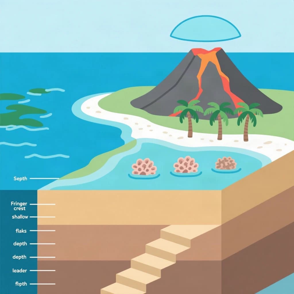 Cross section of a volcanic tropical island as a flat academic figure with clean colour blocks and a horizontal sea level line. Reading from the ocean on the left toward the right: a fringing reef crest, a shallow lagoon holding three coral heads, a white sand beach, a coconut palm belt of five trees, then a rising basalt cone with two lava layers picked out in darker grey, and a freshwater lens drawn as a pale blue dome under the middle of the island. Below sea level the flanks drop in three stepped terraces to a flat deep floor. Eight leader line labels, a depth scale down the left edge, and a small locator inset in the top right.