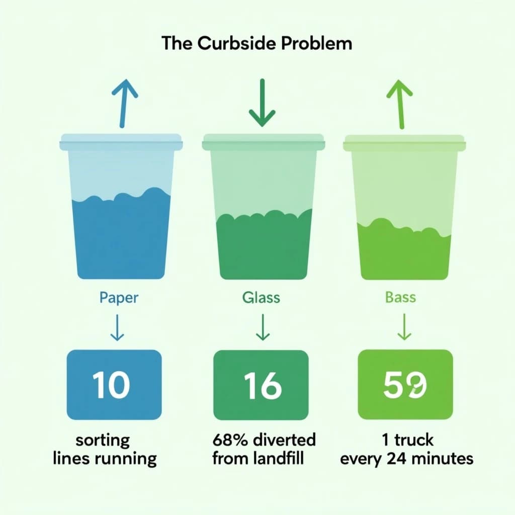 Flat vector illustration titled "The Curbside Problem". Three sorting bins with arrows to their destinations sits at the center, carrying two keyed regions, "Paper" shaded blue and "Glass" shaded green. Three stat chips run down a bottom row, reading "10 sorting lines running", "68% diverted from landfill" and "1 truck every 24 minutes". Each key color matches the shading of the region it names.