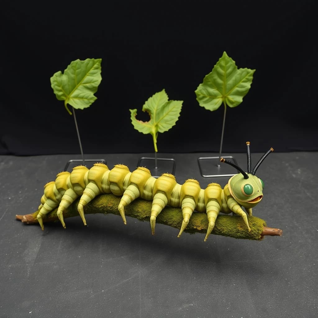 Macro photography of a practical effects test on a soundstage floor. A metre-long animatronic caterpillar puppet, dull green with a cream stripe, arched over a moss-covered branch: eight pairs of stubby legs, the front three pairs gripping the branch, the rest hanging free. Two thin black rods run out of frame to the right where a puppeteer's hands are just visible, and a third rod supports the head, which is turned toward camera with its mandibles open. Behind it, three sprayed foam leaves on stands, the middle one already chewed through. Hard key from above, black felt background, dust in the air.