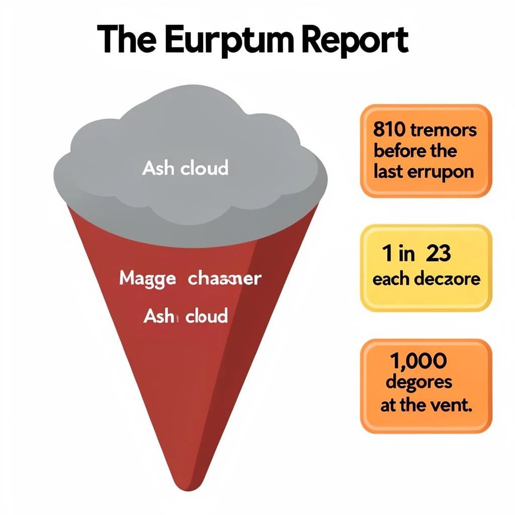 Flat vector illustration titled "The Eruption Report". A cutaway cone sits at the center, carrying three keyed regions, "Lava channel" shaded red, "Ash cloud" shaded gray and "Magma chamber" shaded orange. Three stat chips run down a right column, reading "810 tremors before the last eruption", "1 in 23 erupt each decade" and "1,000 degrees at the vent". Each key color matches the shading of the region it names.