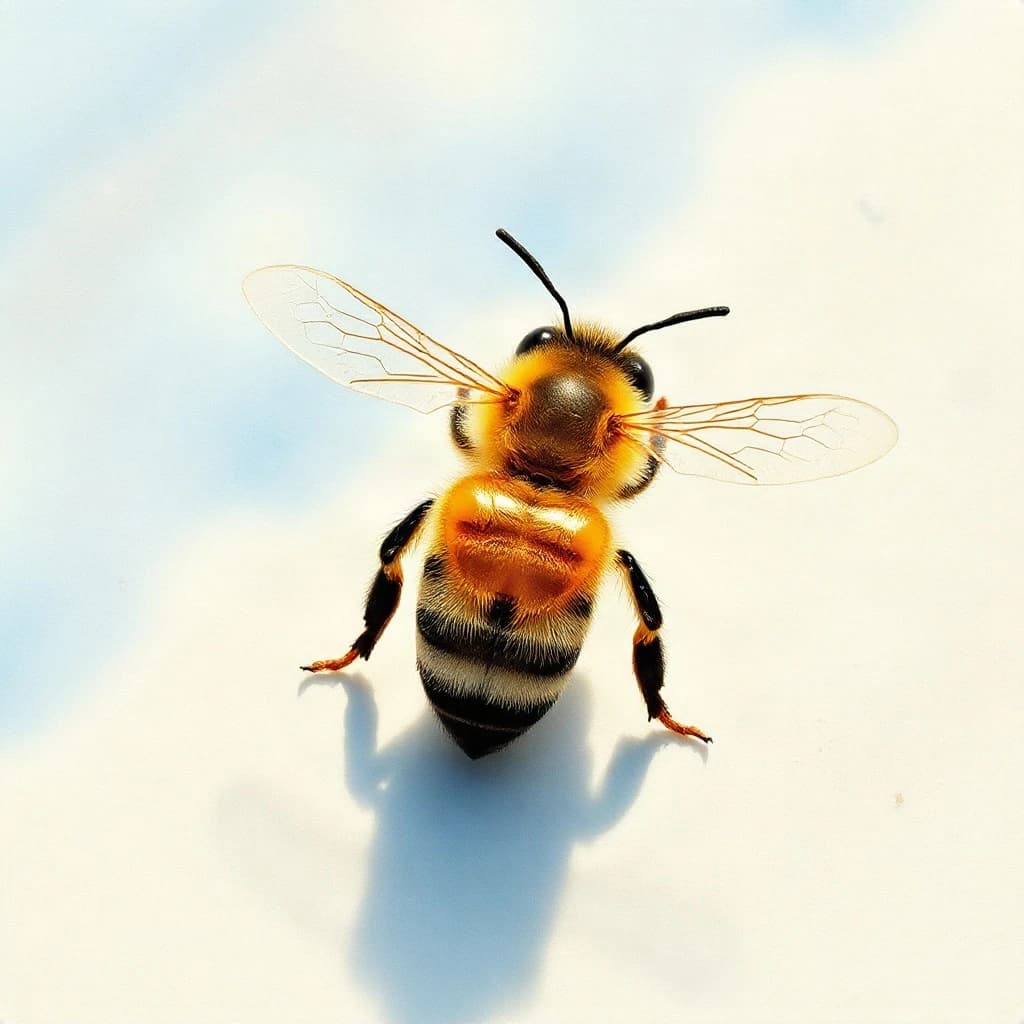 A honeybee seen from the back on a seaside boardwalk, in bright midday sun, overhead flat lay, watercolor style.