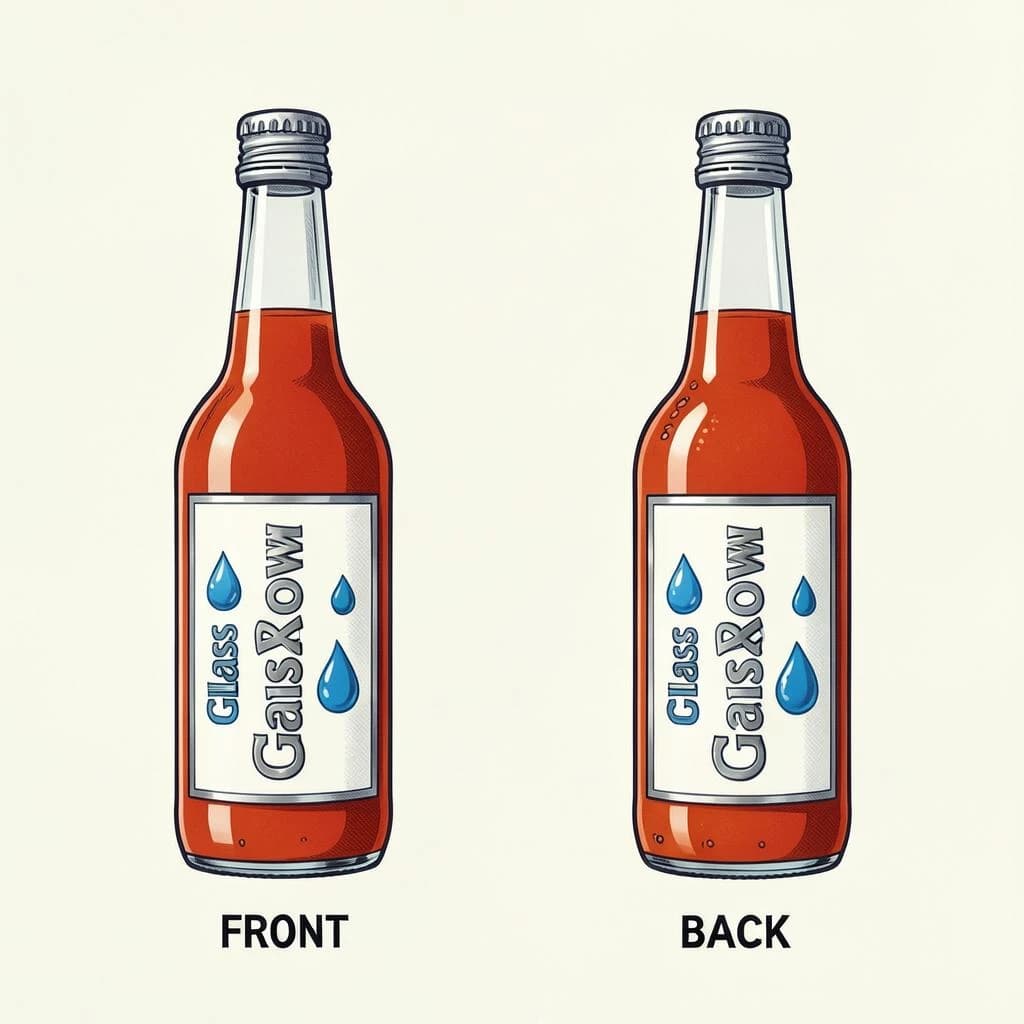 Printed poster of the same hot-sauce bottle drawn in two views, captioned "front" and "back", every view carrying the wordmark "Glass & Row" with a single droplet symbol beside it in the same blue-and-silver coloring, only the angle changing.