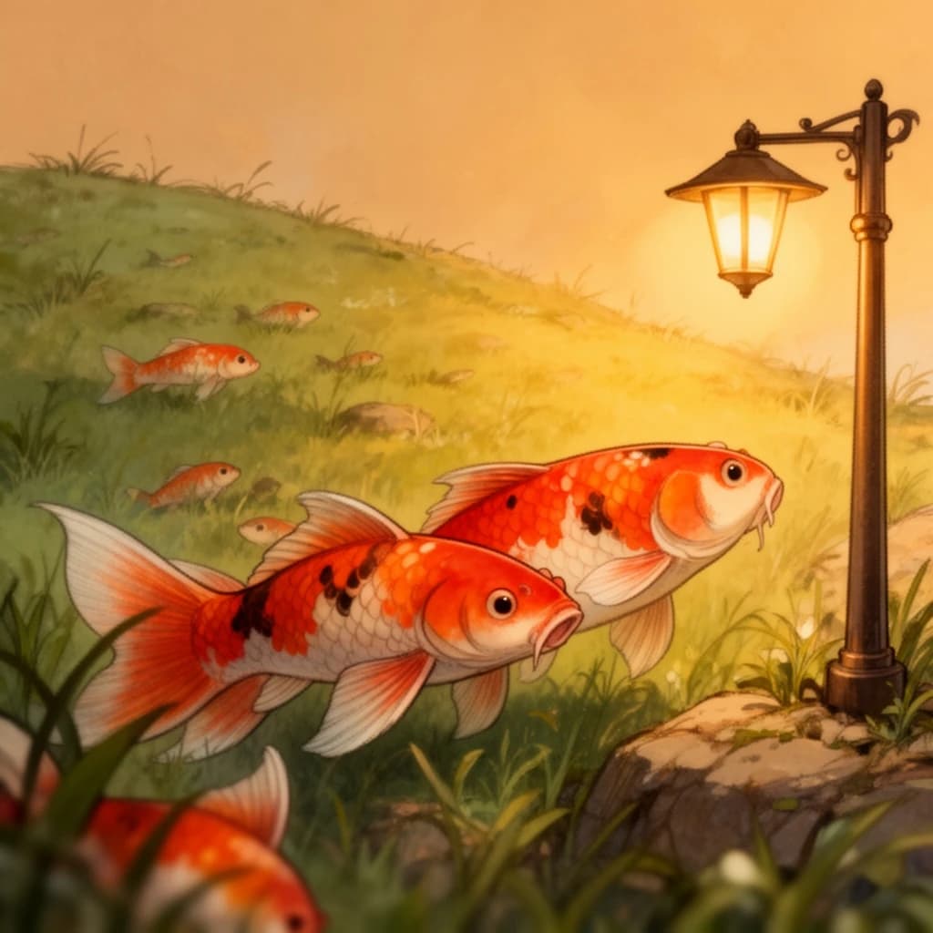 koi fish, grassy hillside, warm lamplight, macro close-up, storybook illustration, high detail