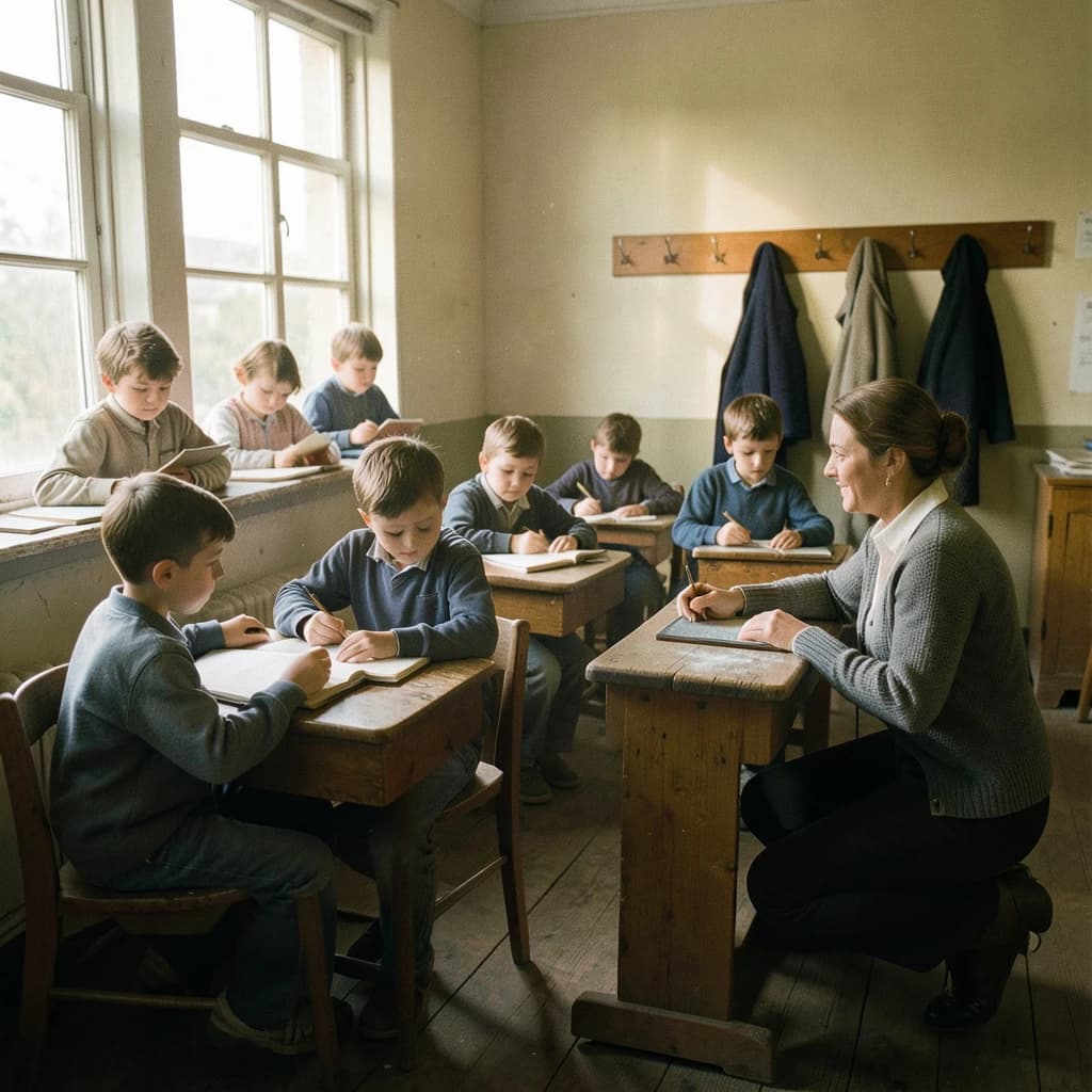 Documentary photograph inside a 1961 rural schoolhouse, late afternoon sun through tall windows. Twelve pupils at six shared wooden desks, two to a desk: the four in the window row copy from slates, the four in the middle row have open exercise books, the four along the back wall are turned around watching. The teacher, a woman in a grey cardigan with chalk dust on her sleeve, kneels beside the desk nearest the door, one hand steadying a boy's pencil. Four wall hooks behind her hold three coats, the middle hook bare. Warm dust in the light, fine grain, nobody posing.