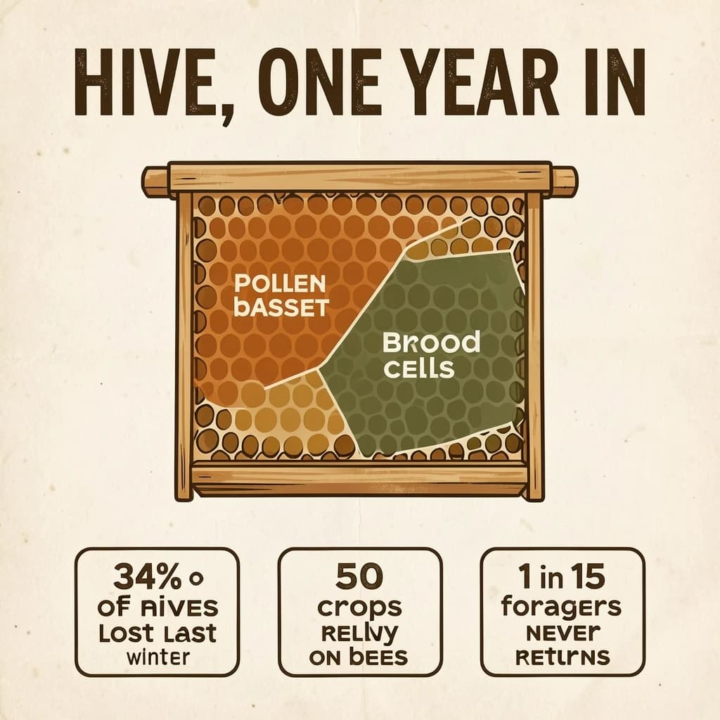 Printed poster titled "Hive, One Year In": at the center a cutaway of a hive frame, carrying two keyed regions, "Pollen basket" shaded amber and "Brood cells" shaded olive, beside a bottom row of three stat chips reading "34% of hives lost last winter", "50 crops rely on bees" and "1 in 15 foragers never returns".