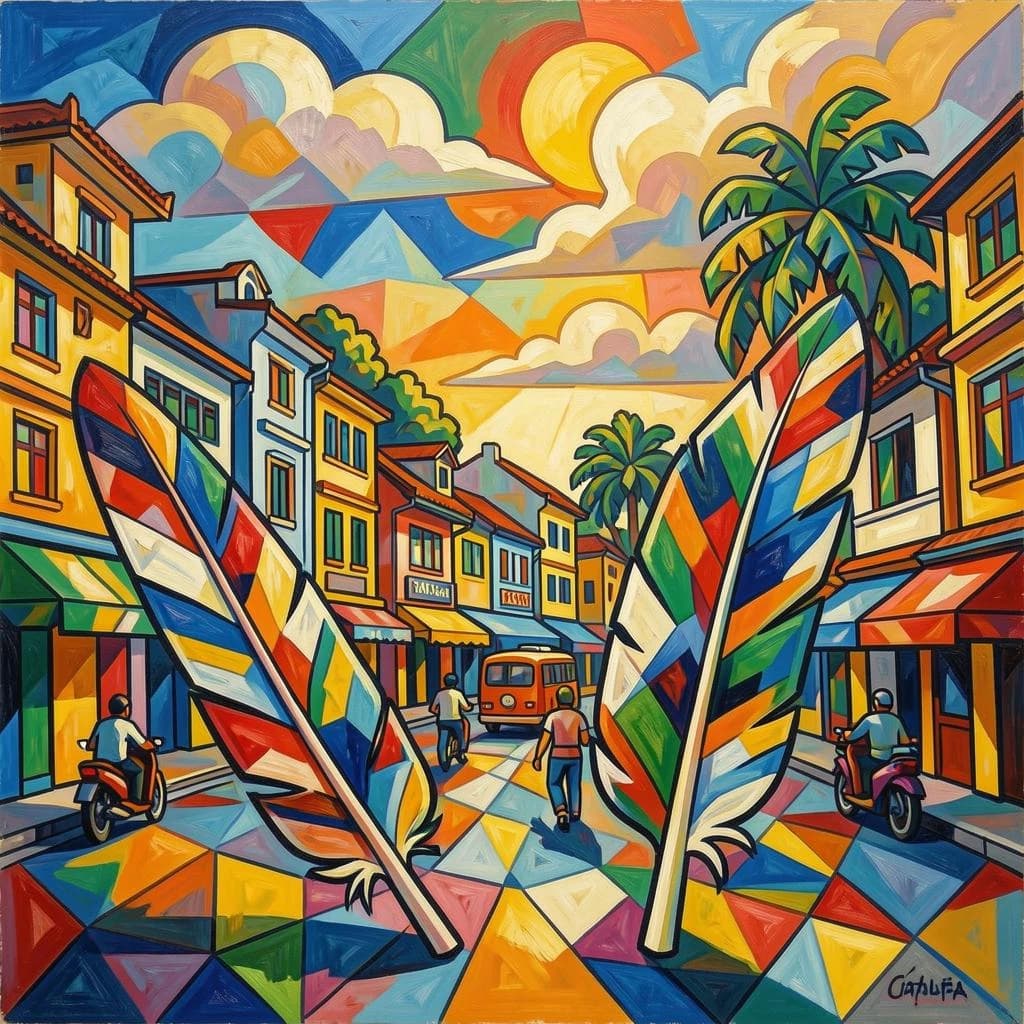 Flight Feather and Catalufa in Hanoi, Vietnam in the style of cubist