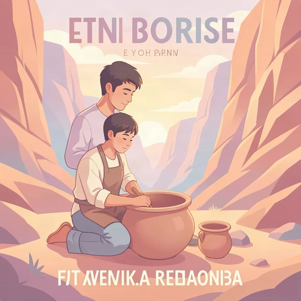 Poster illustration of a potter in a desert canyon, soft gradient fills, smooth vector finish, pastel palette.
