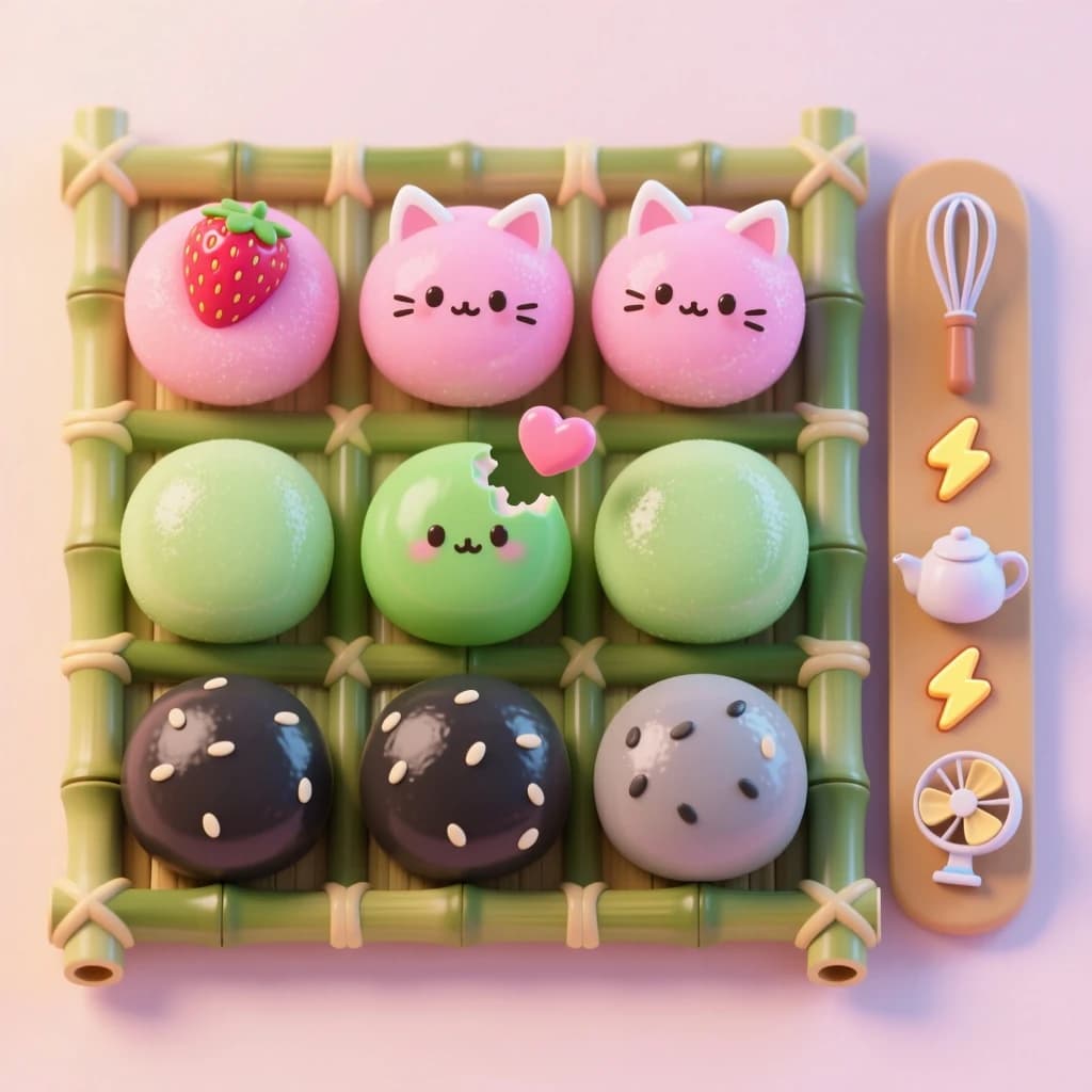 Match three board for a cozy sweets game, cute stylized 3D animation look. Nine mochi in a three by three grid on a bamboo tray: the top row strawberry pink, the middle row matcha green, the bottom row black sesame grey. The center green one has a bite taken out and a small heart icon floating above it. Two of the pink mochi wear tiny cat ears. To the right of the tray, a vertical strip of three power up icons, a whisk, a teapot and a fan. Soft pastel lighting, glossy dusted surfaces.