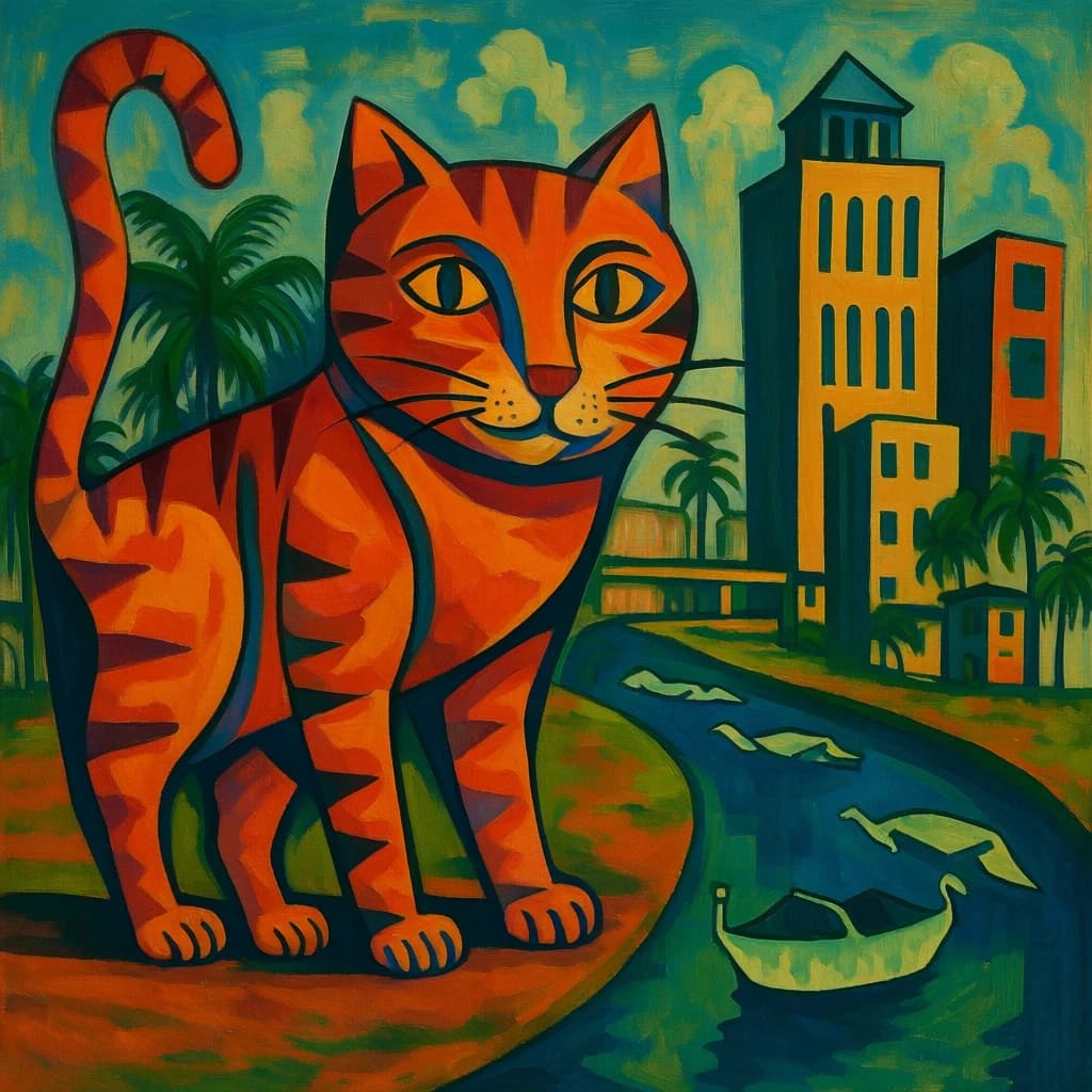 Shiner and Channel Cat in Dhaka, Bangladesh in the style of cubist