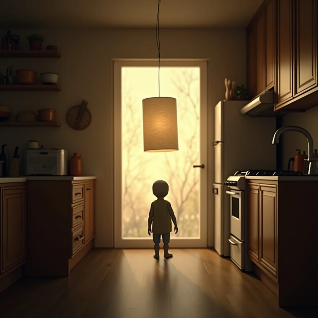 The still point when a paper lantern reads as a single dark silhouette, in a sunlit kitchen, under soft morning light.