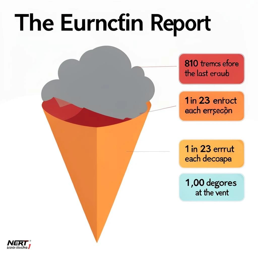 Flat vector illustration titled "The Eruption Report". A cutaway cone sits at the center, carrying three keyed regions, "Lava channel" shaded red, "Ash cloud" shaded gray and "Magma chamber" shaded orange. Three stat chips run down a right column, reading "810 tremors before the last eruption", "1 in 23 erupt each decade" and "1,000 degrees at the vent". Each key color matches the shading of the region it names.