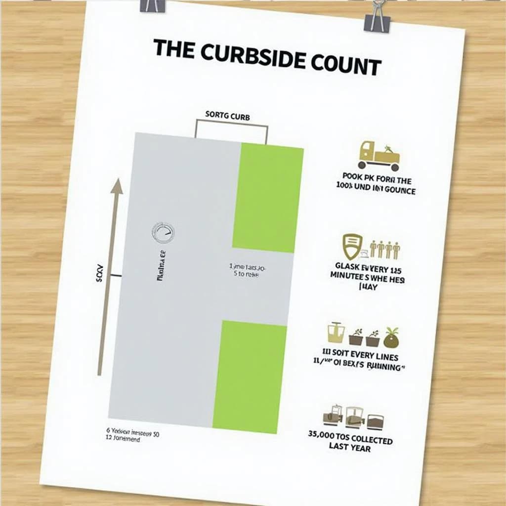 Printed poster titled "The Curbside Count": at the center a flow chart from curb to sorting floor, carrying two keyed regions, "Glass" shaded green and "Landfill" shaded gray, beside a right column of three stat chips reading "1 truck every 15 minutes", "11 sorting lines running" and "35,000 tons collected last year".