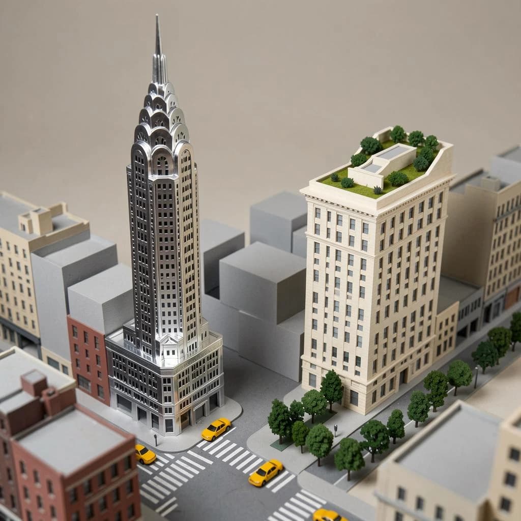 Tilt shift photograph of a hand built architectural scale model of a Midtown Manhattan block, studio lit from the upper left.
The Chrysler Building stands on the corner in polished silver card with its stepped crown and triangular windows. Directly across the street sits a proposed cream limestone tower, two floors shorter, topped by a stepped roof garden. Between them four smaller grey massing blocks in plain foam. Six tiny yellow cabs on the avenue, three stopped at the crossing and three queued behind, with a line of green model trees down the median.