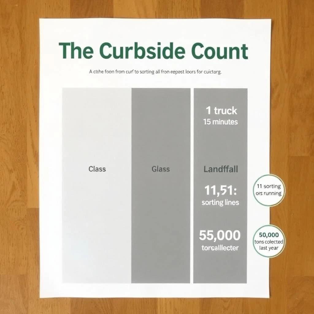 Printed poster titled "The Curbside Count": at the center a flow chart from curb to sorting floor, carrying two keyed regions, "Glass" shaded green and "Landfill" shaded gray, beside a right column of three stat chips reading "1 truck every 15 minutes", "11 sorting lines running" and "35,000 tons collected last year".