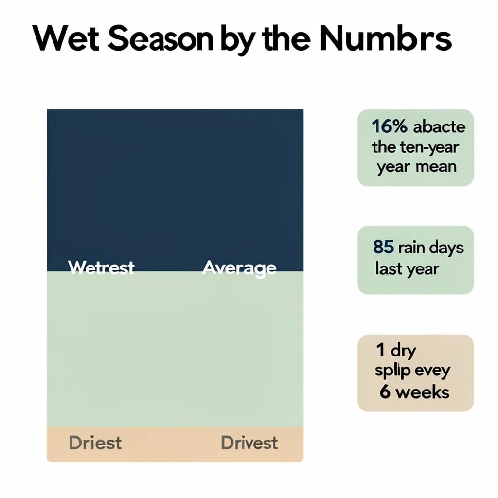 Flat vector illustration titled "Wet Season by the Numbers". A twelve-month rainfall timeline sits at the center, carrying three keyed regions, "Wettest" shaded dark blue, "Average" shaded pale green and "Driest" shaded sand. Three stat chips run down a right column, reading "16% above the ten-year mean", "85 rain days last year" and "1 dry spell every 6 weeks". Each key color matches the shading of the region it names.