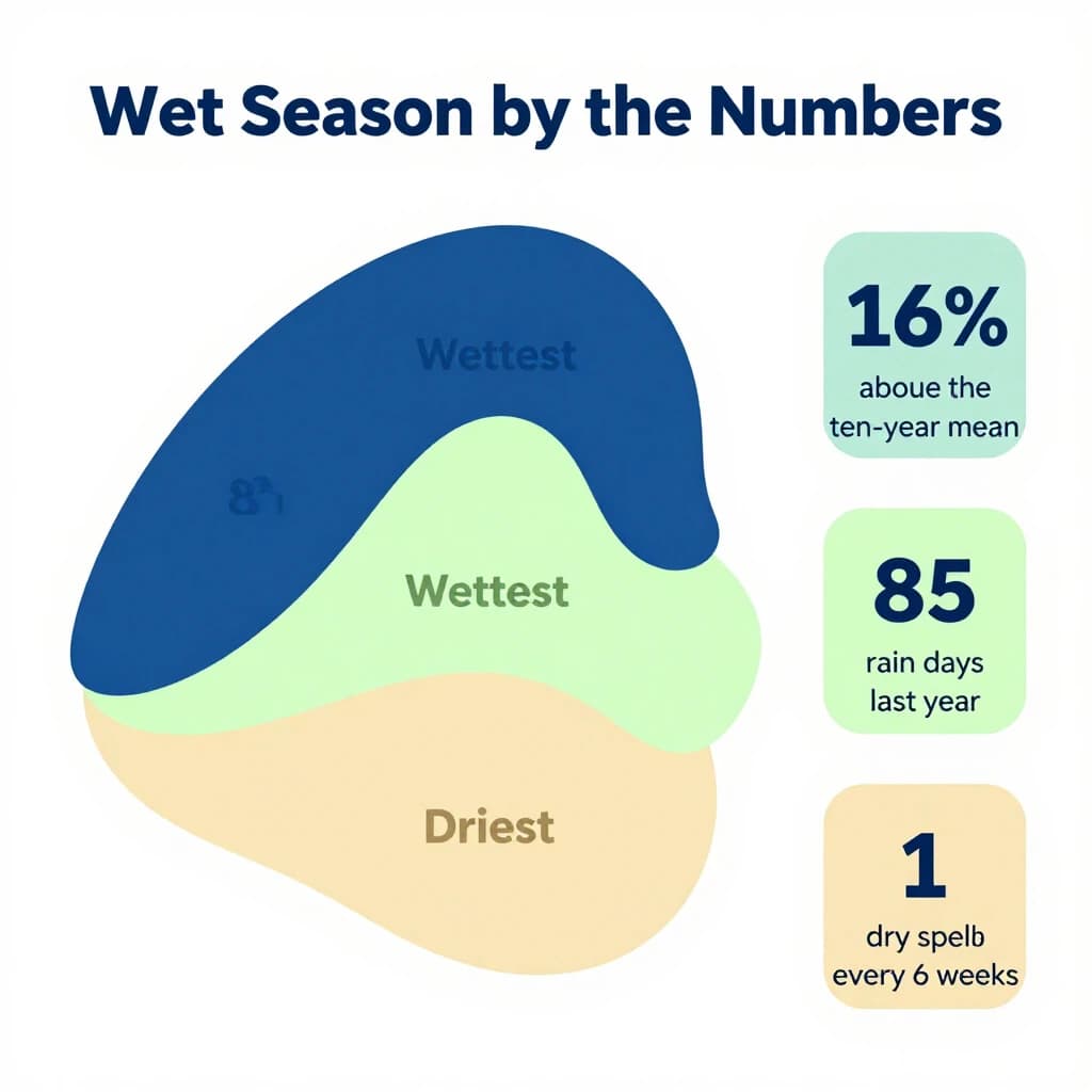 Flat vector illustration titled "Wet Season by the Numbers". A twelve-month rainfall timeline sits at the center, carrying three keyed regions, "Wettest" shaded dark blue, "Average" shaded pale green and "Driest" shaded sand. Three stat chips run down a right column, reading "16% above the ten-year mean", "85 rain days last year" and "1 dry spell every 6 weeks". Each key color matches the shading of the region it names.