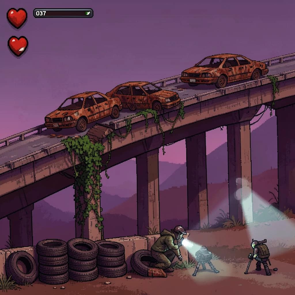 Side-scrolling pixel art screenshot from a post-apocalyptic survival platformer, dusk palette of rust and violet. A collapsed highway overpass cuts diagonally across the frame on four concrete support pillars, the second from the left snapped in half and wrapped in vines. On the deck above sit three burnt-out cars nose to tail, only the middle one still upright. Below, the player crouches behind a barricade of five stacked tires while two scavenger drones sweep flashlight cones in from the right. Top-left interface: three heart icons with the last half empty, a scrap counter reading "037", and a thin compass strip.