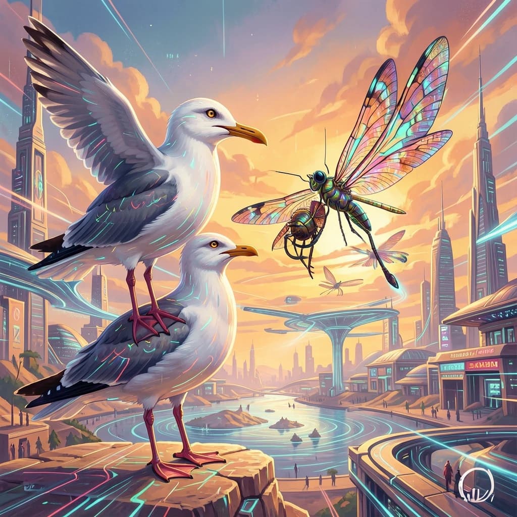 Seagull and Odonate in Khartoum, Sudan in the style of futurism