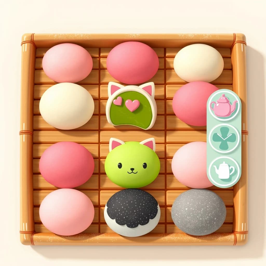Match three board for a cozy sweets game, cute stylized 3D animation look. Nine mochi in a three by three grid on a bamboo tray: the top row strawberry pink, the middle row matcha green, the bottom row black sesame grey. The center green one has a bite taken out and a small heart icon floating above it. Two of the pink mochi wear tiny cat ears. To the right of the tray, a vertical strip of three power up icons, a whisk, a teapot and a fan. Soft pastel lighting, glossy dusted surfaces.