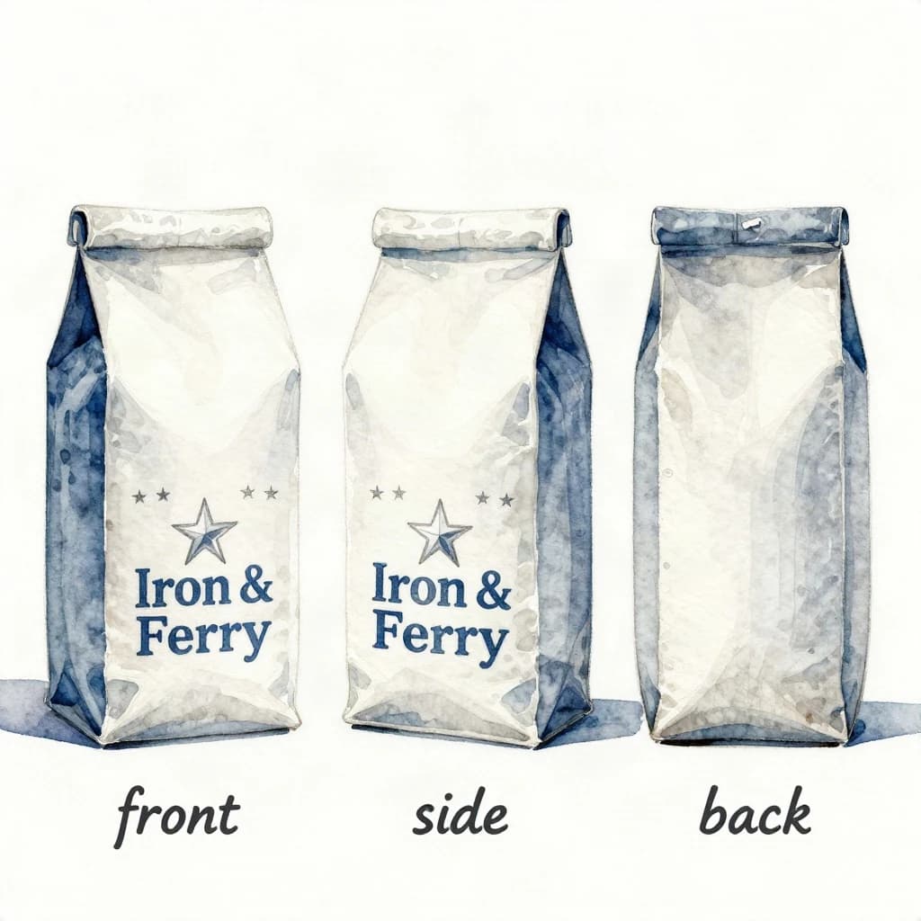 Watercolor of the same coffee bag drawn in three views, captioned "front", "side" and "back", every view carrying the wordmark "Iron & Ferry" with a five-point star outline beside it in the same blue-and-silver coloring, only the angle changing.