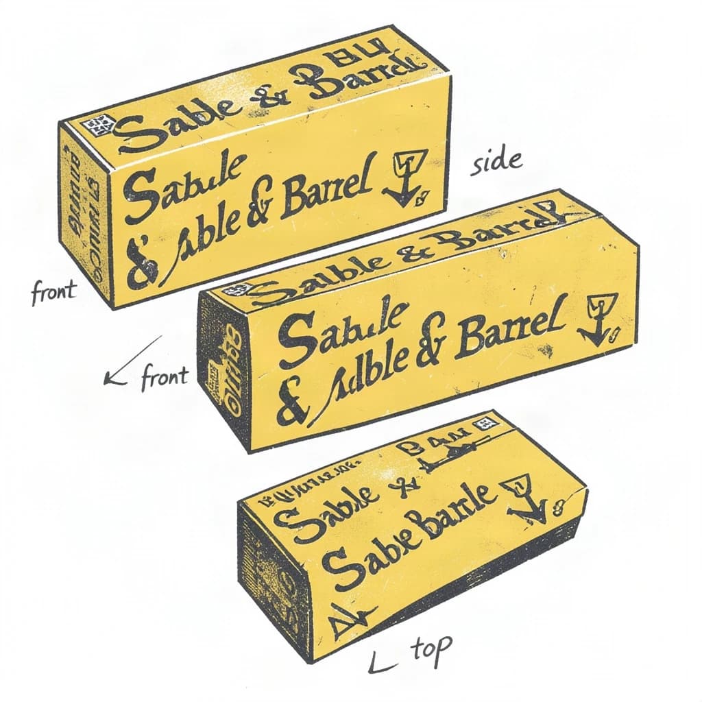 Linocut print: one board-game box in three views. The views are captioned "front", "side" and "top" in that order. The wordmark "Sable & Barrel" appears on every view with a small anchor mark beside it. The mustard-and-charcoal coloring is the same across every view, and only the angle changes.