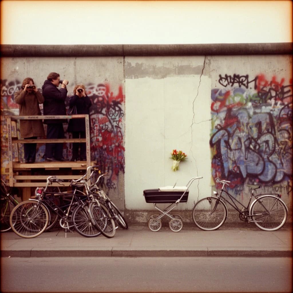 Shot on 1970s Kodachrome era color film, warm grain and slightly faded reds. A stretch of the Berlin Wall on a grey afternoon, covered in overlapping graffiti with one clean unpainted panel in the middle. Three people stand on a wooden viewing platform at the left, two of them looking over the top through binoculars while the third has turned back toward the camera with a cigarette. Four bicycles lean along the base of the wall, three upright and one fallen on its side. A pram is parked below the clean panel with a small bunch of tulips wedged into a crack above it. No cars in the frame.