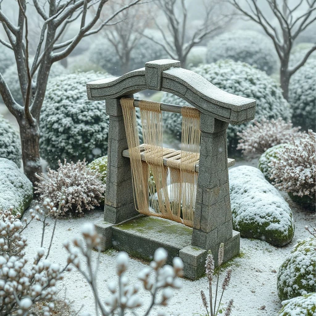A weaver stone-still in a botanical garden, in gentle snowfall, centered full-body framing, isometric 3D style.