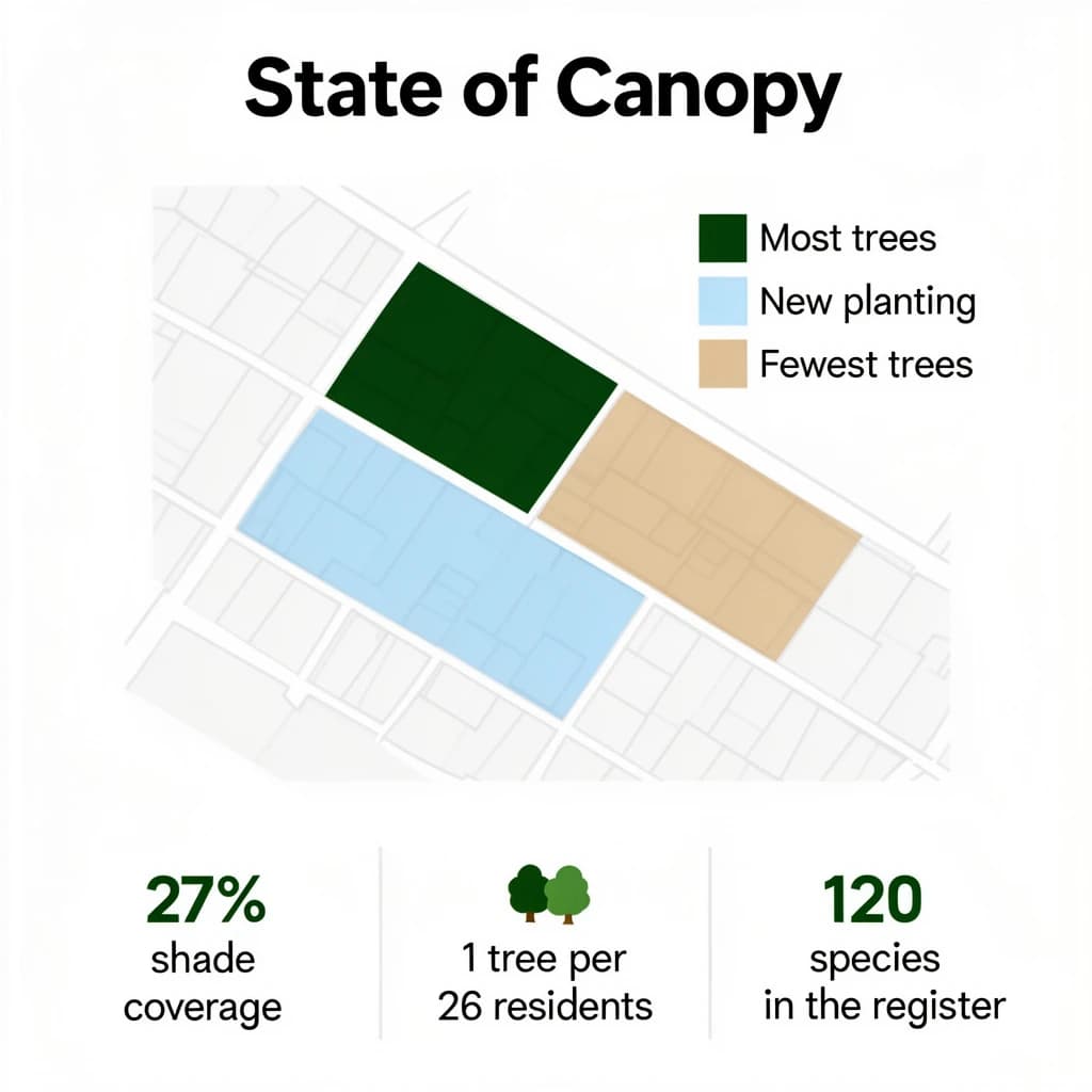 Flat infographic titled "State of Canopy". A simplified street map with shaded districts sits at the center, carrying three keyed regions, "Most trees" shaded dark green, "New planting" shaded light blue and "Fewest trees" shaded tan. Three stat chips run down a bottom row, reading "27% shade coverage", "1 tree per 26 residents" and "120 species in the register". Each key color matches the shading of the region it names.