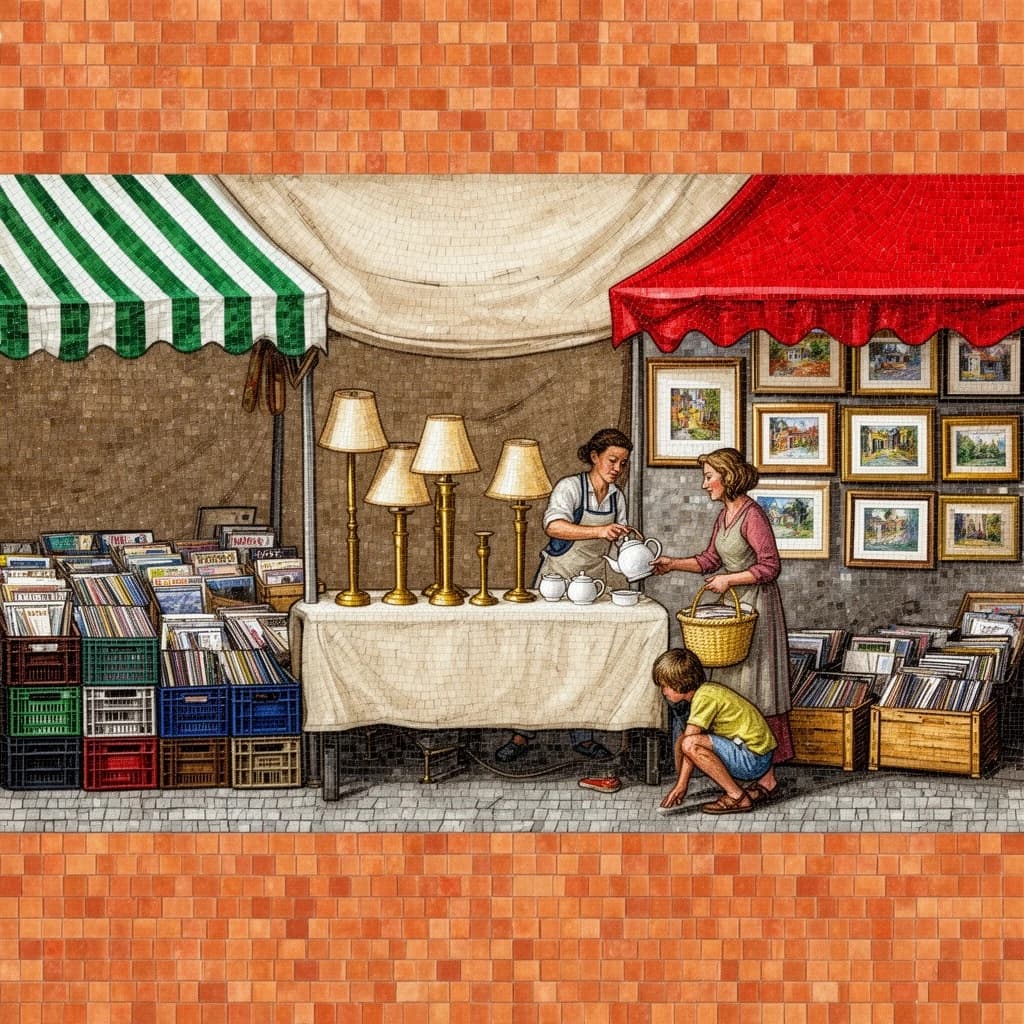 Glass tile mosaic of a Sunday flea market seen from a slightly raised angle, small square tesserae and warm terracotta grout. Three stall awnings in a row: the left one striped green and white over stacked vinyl crates, the middle plain canvas over six brass lamps with only the two tallest wearing shades, the right red awning hung with nine framed pictures in three rows of three. Under the middle awning a vendor in an apron hands a teapot across the table to a woman holding a straw basket, while a boy crouches at her feet by a crate of records. No lettering anywhere.