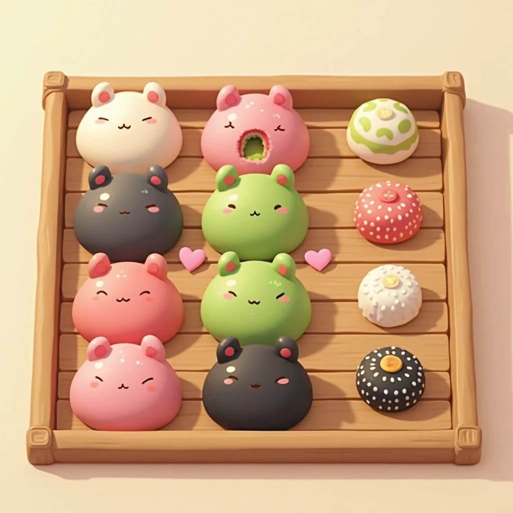 Match three board for a cozy sweets game, cute stylized 3D animation look. Nine mochi in a three by three grid on a bamboo tray: the top row strawberry pink, the middle row matcha green, the bottom row black sesame grey. The center green one has a bite taken out and a small heart icon floating above it. Two of the pink mochi wear tiny cat ears. To the right of the tray, a vertical strip of three power up icons, a whisk, a teapot and a fan. Soft pastel lighting, glossy dusted surfaces.