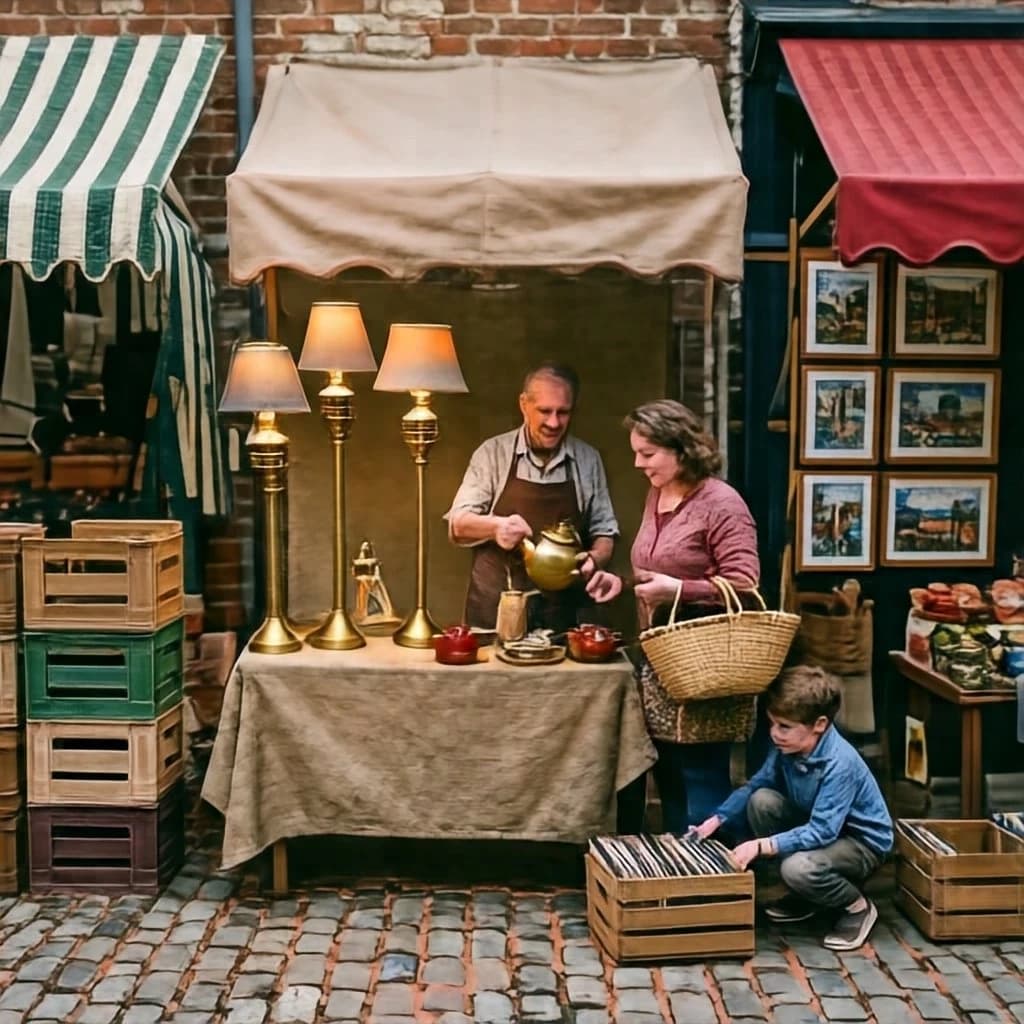 Glass tile mosaic of a Sunday flea market seen from a slightly raised angle, small square tesserae and warm terracotta grout. Three stall awnings in a row: the left one striped green and white over stacked vinyl crates, the middle plain canvas over six brass lamps with only the two tallest wearing shades, the right red awning hung with nine framed pictures in three rows of three. Under the middle awning a vendor in an apron hands a teapot across the table to a woman holding a straw basket, while a boy crouches at her feet by a crate of records. No lettering anywhere.