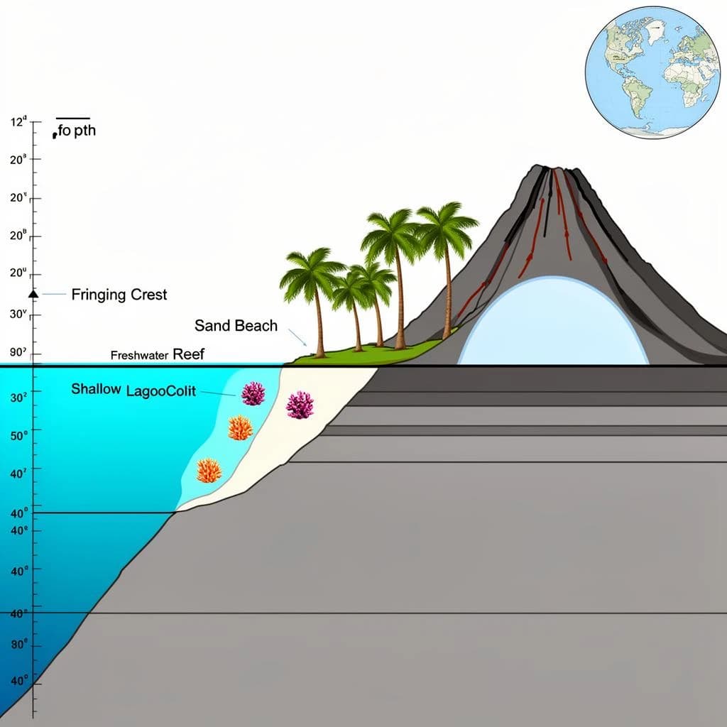 Cross section of a volcanic tropical island as a flat academic figure with clean colour blocks and a horizontal sea level line. Reading from the ocean on the left toward the right: a fringing reef crest, a shallow lagoon holding three coral heads, a white sand beach, a coconut palm belt of five trees, then a rising basalt cone with two lava layers picked out in darker grey, and a freshwater lens drawn as a pale blue dome under the middle of the island. Below sea level the flanks drop in three stepped terraces to a flat deep floor. Eight leader line labels, a depth scale down the left edge, and a small locator inset in the top right.