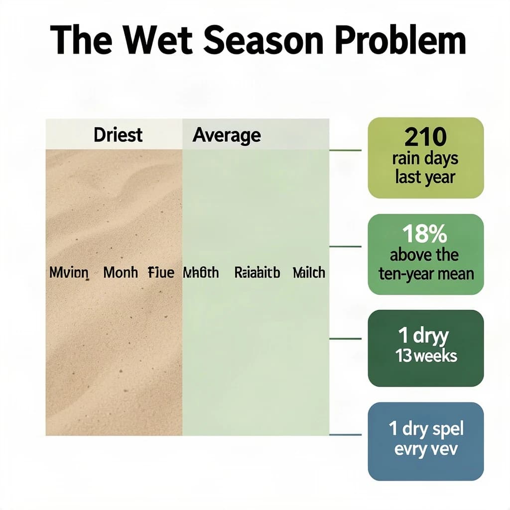Printed poster titled "The Wet Season Problem". A twelve-month rainfall timeline sits at the center, carrying two keyed regions, "Driest" shaded sand and "Average" shaded pale green. Three stat chips run down a right column, reading "210 rain days last year", "18% above the ten-year mean" and "1 dry spell every 13 weeks". Each key color matches the shading of the region it names.