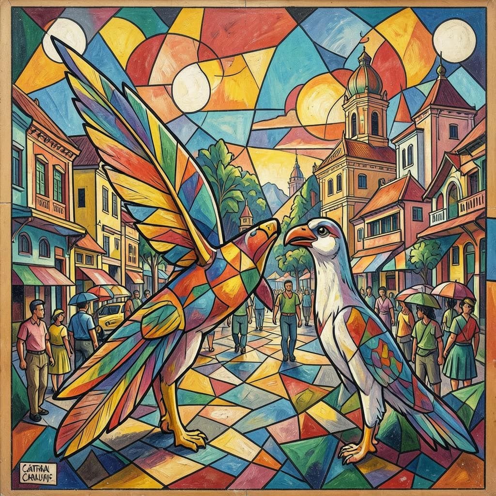 Flight Feather and Catalufa in Hanoi, Vietnam in the style of cubist
